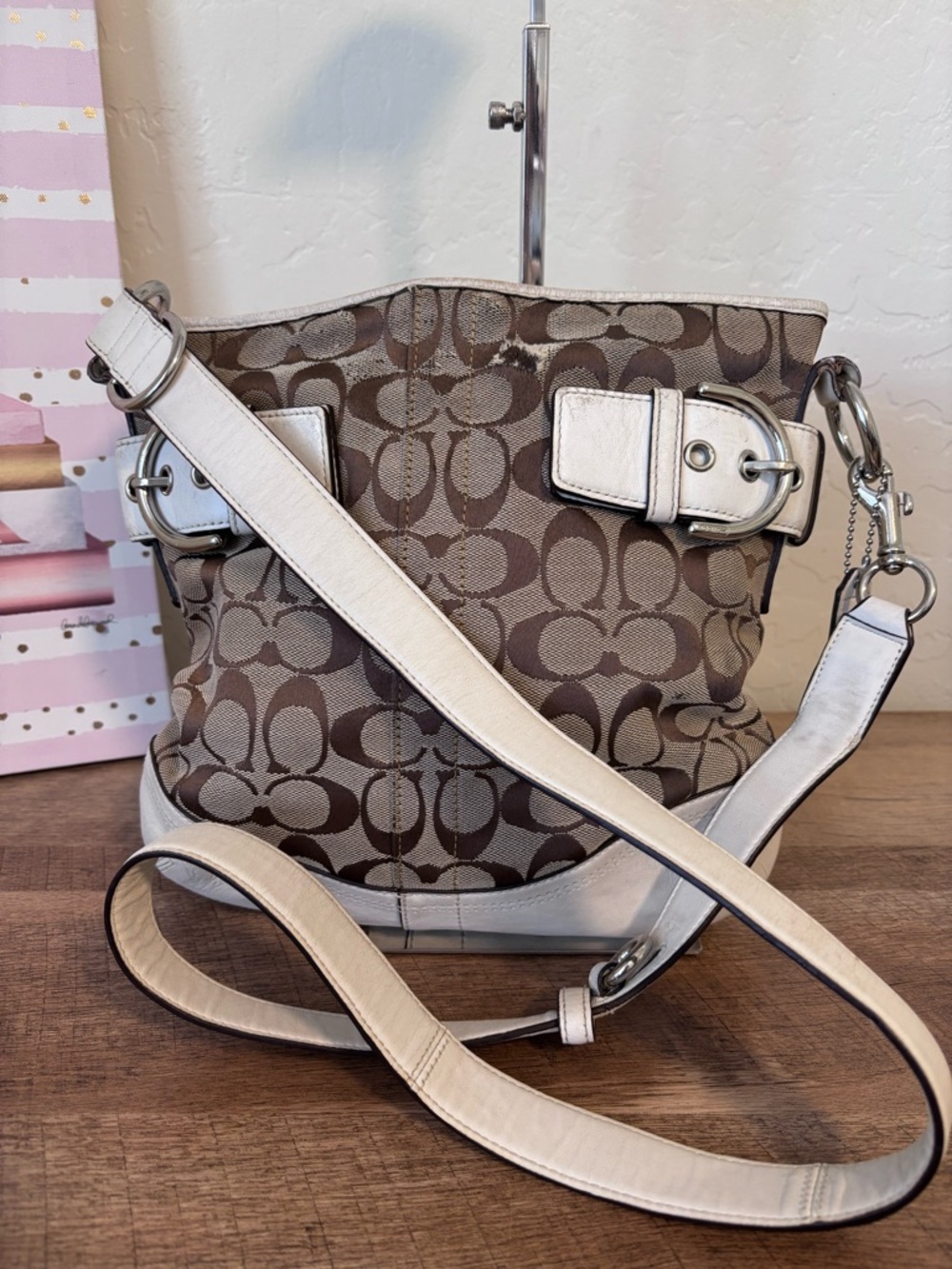 Project Coach Brown Signature Canvas Crossbody with Cream Leather Trim